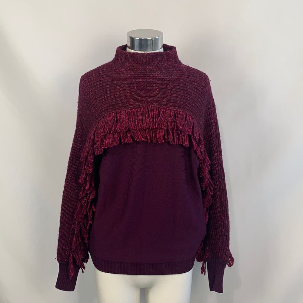 Mary Ling wine fringe trim mock neck sweater